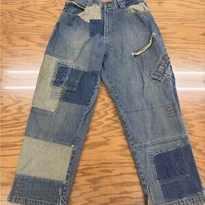 Vintage TRUST Asymmetrical Patchwork Distressed Embroidered Jeans 34 Baggy 90s